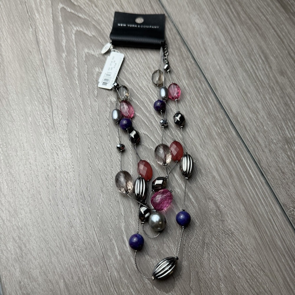 New York & Company Beaded Necklace‎ Multi Stands Pink Silver Purple New
